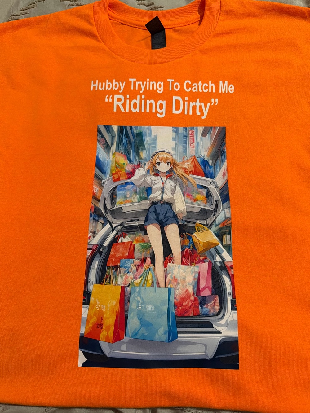 NWT Funny Anime Shopping Graphic Tee “Hubby Trying to Catch Me Riding Dirty”
